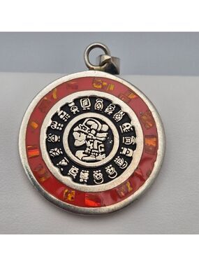 Mexican Silver Aztec Calendar Pendant Two-Face Design Blue & Orange Abalone